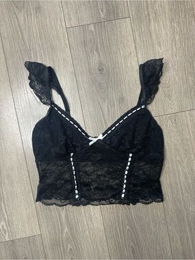 Dolls Kill Black Lace Longline Crop Bralette with White Trim